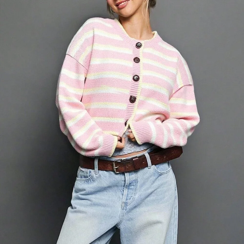 Pink Chic Women's Striped Crewneck Cardigan